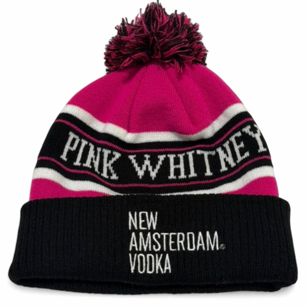 Pink Whitney New Amsterdam Vodka Pom Beanie Hat Black Pink White Winter-Vodka